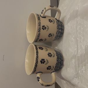 Polish Pottery blue daisy pattern mugs